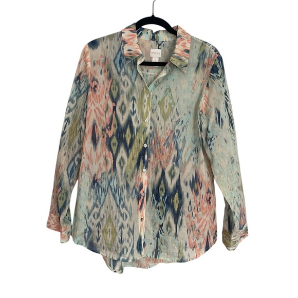 Chico's Green and Pink 3/4 Sleeve Button Down Shirt - Picture 1 of 6